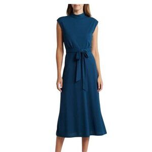 Tahari ASL Womens Teal Mock Neck Knit Front Tie Cap Sleeve Midi Dress Sz 8 New